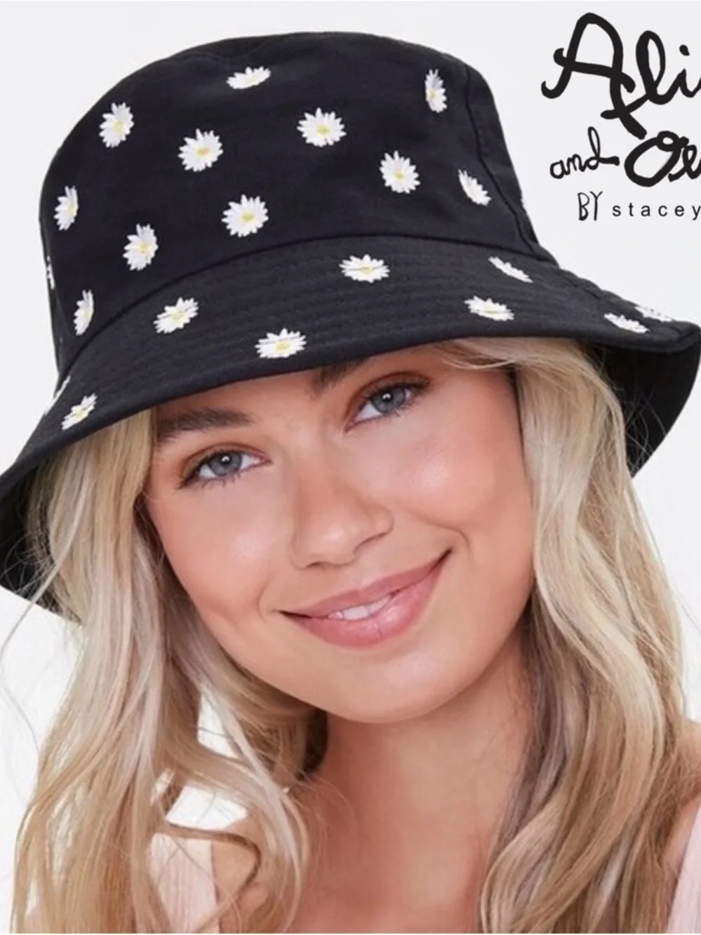 Alice + Olivia Black Bucket Hat with White Daisy Embroidery